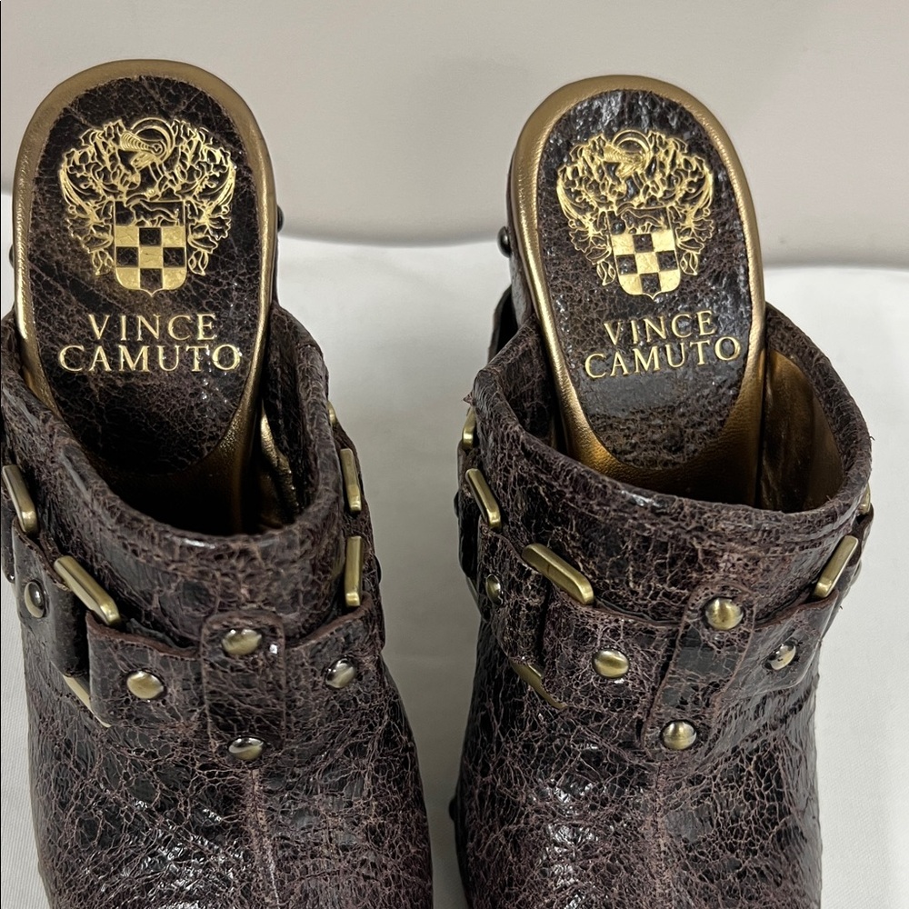 Vince Camuto Brown Leather Studded Mules size 6 6B heel 5” new no box - Picture 4 of 6